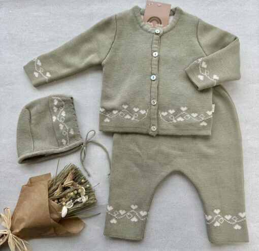 Gebreide 3-delige Set Sage Cream Hearts