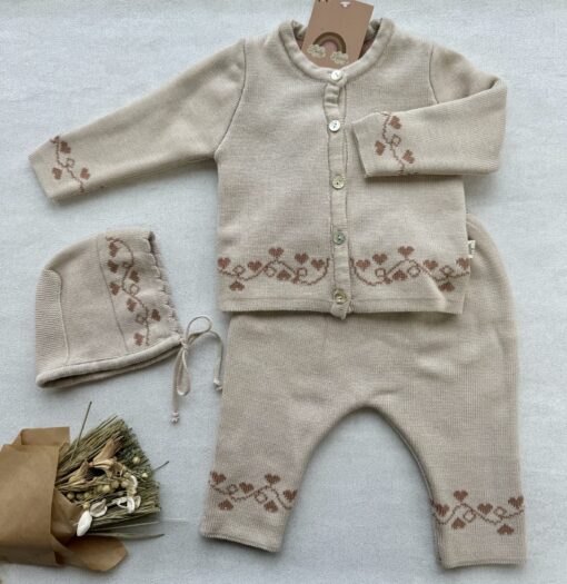 Gebreide 3-delige Set Beige Hearts