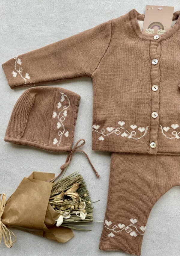 Gebreide 3-delige Set Chestnut Cream Hearts - Afbeelding 3